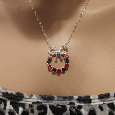 Christmas Ribbon Crystal Wreath Necklace