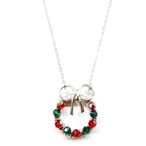 Christmas Ribbon Crystal Wreath Necklace