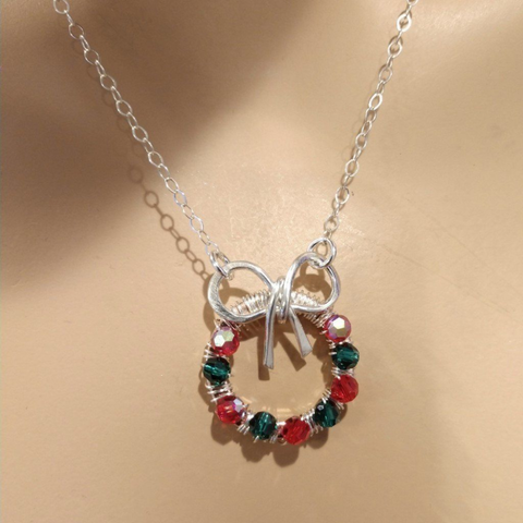 Christmas Ribbon Crystal Wreath Necklace