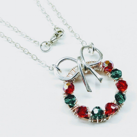 Christmas Ribbon Crystal Wreath Necklace
