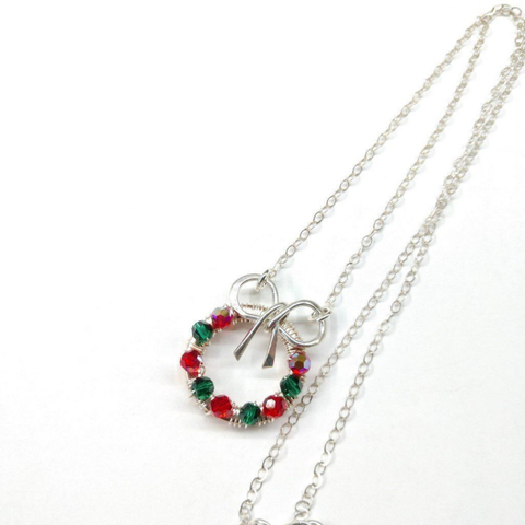 Christmas Ribbon Crystal Wreath Necklace